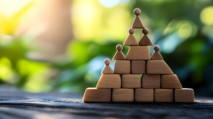 Wooden Block Pyramid in Nature: A pyramid structure built of wooden blocks symbolizes teamwork, growth, and stability against a softly blurred natural backdrop.