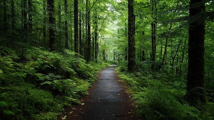 Obraz premium Enchanted Forest Path. A serene trail surrounded by dense foliage and dappled sunlight. Ideal for nature therapy content, hiking guides, or fantasy storytelling. 