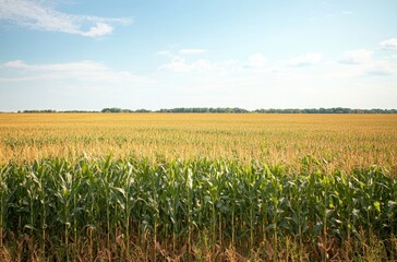 Lush Cornfield Under Clear Sky with Bright Sunlight and Green Vegetation in Flat Landscape Perfect for Agricultural Themes and Rural Imagery