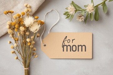 Naklejka premium Bouquet of Dried Flowers in Floral Envelope With Tag for Mom on Soft Surface