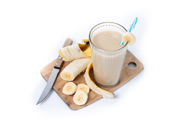 Fresh and healthy banana smoothie in glass isolated on white background