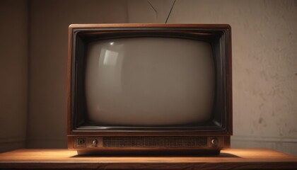 Vintage CRT TV screen displaying static, warm glow ,  technology,  electricity