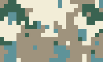 Abstract pixel art background.  Neutral earth tones and teal create a camouflagelike effect, perfect for tech, gaming, or modern design projects.