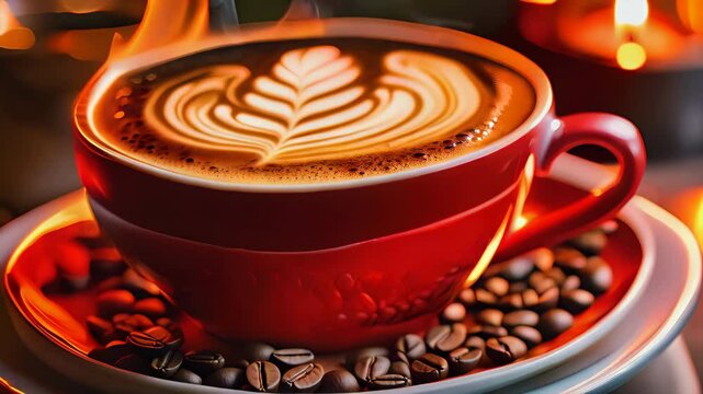 A cup of hot cappuccino with a fire in the fireplace in the background. 1