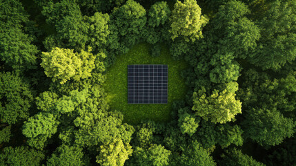 Aerial view of solar panels installed in the middle of a lush green forest, symbolizing clean and sustainable energy
