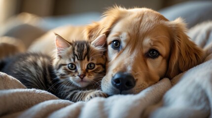 golden retriever puppy and a fluffy kitten