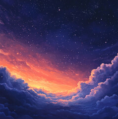 a cosmic cotton candy sky, with navy, orange, pink, lavendar. clouds should be sparse. stars plentiful