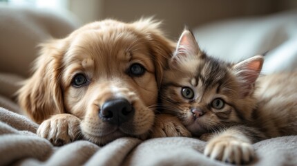 golden retriever puppy and a fluffy kitten