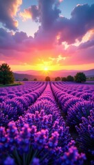 Fototapeta premium Sunset hues paint vibrant lavender field, soft light bathes blooms , agriculture, wildflowers