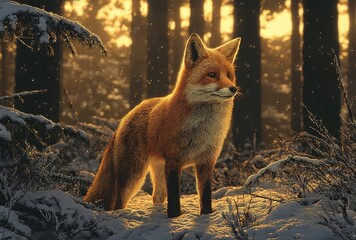 Obraz premium Red Fox in Winter Wilderness. A fox with vibrant fur standing in a snowy forest under dappled sunlight. Used for wildlife documentaries, conservation campaigns, or seasonal art. 