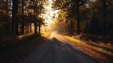 Obraz premium Sunlit Forest Path. A golden-lit trail through dense trees. Ideal for nature therapy, hiking guides, or fantasy storytelling.
