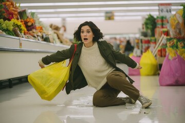 A woman slipping on a wet floor in the grocery store, expressing shock and surprise, holding a grocery bag, with a background of colorful produce and aisles.