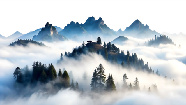 Misty Chinese Mountain Landscape with Pine Trees, Rock Peaks, and Building Temple Above the Clouds isolated on a white background, cutout, PNG.