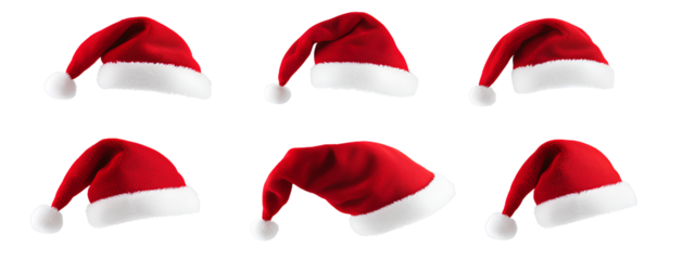 6 red Santa hats isolated on a transparent background PNG