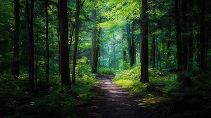 Obraz premium Enchanted Forest Pathway. A shaded trail surrounded by lush greenery and sunlight. Used in eco-tourism ads, meditation apps, or nature therapy. 