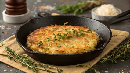 Homemade Golden Rösti with Fresh Thyme on Rustic Background