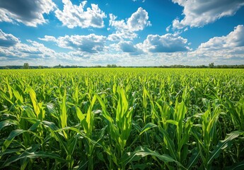 Lush Green Cornfield Under a Bright Sky with Fluffy Clouds, Illustrating the Beauty of Agriculture and Nature's Abundance in a Summer Landscape