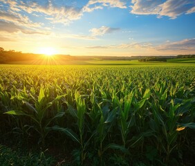 Lush Green Cornfield Under a Bright Sunrise with Blue Sky and Clouds in Rural Landscape Capturing the Beauty of Agriculture and Nature in Harmony