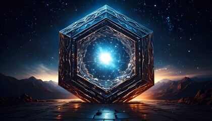 Floating dodecahedron portal with starry void inside, cinematic volumetric lighting