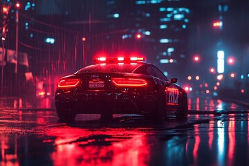 "Rear view of a car with glowing red taillights in the night, surrounded by mist and city lights reflection on wet street"