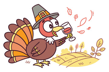 7 Cartoon turkey, Pilgrim hat, wine glass, colorful feathers, Thanksgiving, humorous illustration, big eyes, red wattle, brown and orange plumage, festive, anthropomorphic, cheerful expression, holida