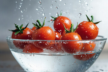 Bright cherry tomatoes with water drops falling into a transparent bowl with clean water