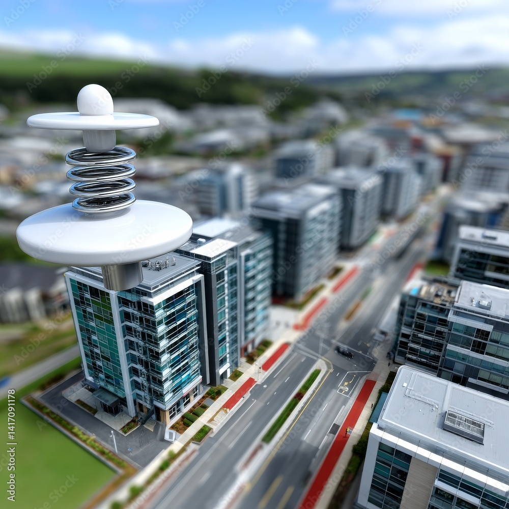 Poster tilt-shift miniature cityscape with spring topper: whimsical urban design and architectural perspect