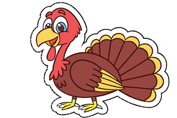 8 Cartoon turkey, sticker style, vibrant colors, red head, blue eyes, yellow beak, brown feathers, fan-shaped tail, Thanksgiving, cute animal illustration, vector art, white outline, simple background