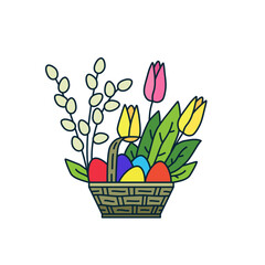 Happy Easter. Basket, eggs, pussy willow branches (cats), tulip flowers, leaves. Colorful Vector icon with editable stroke lines. Graphic flat logo isolated on white background.
