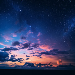 Fototapeta premium a cosmic cotton candy sky, with navy, orange, pink, lavendar. clouds should be sparse. stars plentiful