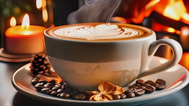 Hot cup of cappuccino with a fire in the fireplace in the background.