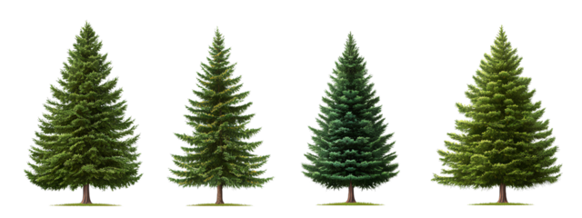 Four pine trees in different sizes, isolated on a transparent background PNG