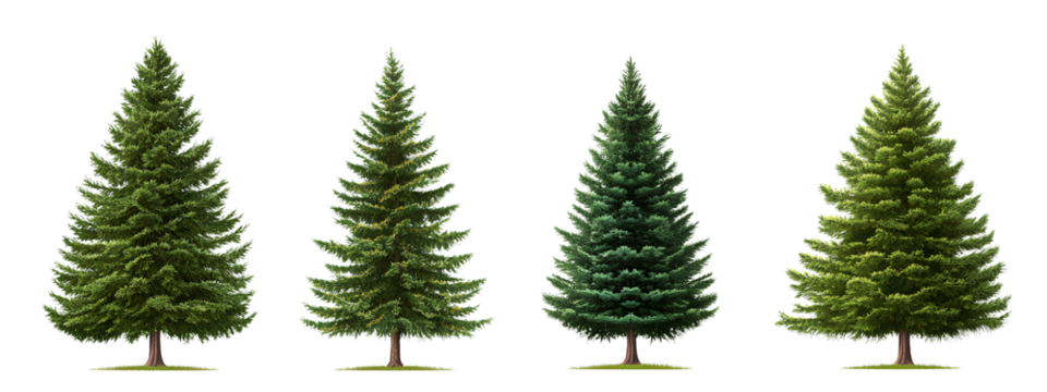 Four pine trees in different sizes, isolated on a transparent background PNG