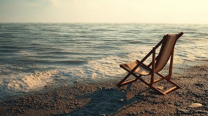  A wooden lounge chair on a beach at sunset, facing the sea. Represents relaxation and escape from urban life. 