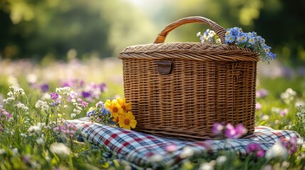 A charming picnic scene featuring a woven basket filled with colorful flowers on a checkered blanket in a sunlit meadow