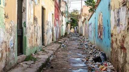 Urban alleyway cluttered with trash