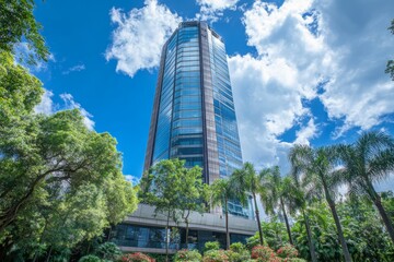 Obraz premium Modern green building in Hong Kong, exterior view of a high-rise office tower with plants on balconies and a glass facade, captured with a wide-angle lens, against a blue sky with clouds and lush tree