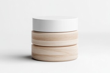 Stacked wood and white cosmetic containers