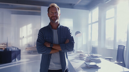 Cinematic advertising-style photo of a cheerful middle-aged man standing in a bright, open-plan office with scattered documents on the desk