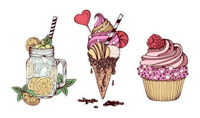 Vintage Ice Cream, Mojito, Cupcake Hand Drawn Set, Colorful Vector Isolated Elements, Sweets Nostalgic Line Art Drawing Colored Retro Illustrations for Menu Packaging, Posters, Branding