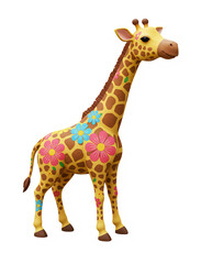 Obraz premium 可愛いキリン 華やか花柄 優しい色合いのイラスト