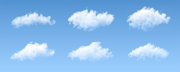Realistic white fluffy cloud set isolated on light blue background. Collection of abstract clouds of various shapes.
