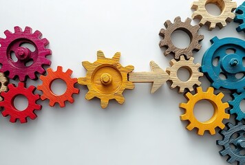  Mechanical Gears and Red Arrow. Colorful interconnected gears (blue, yellow, gold, pink, gray) with a red arrow pointing to an orange gear. 