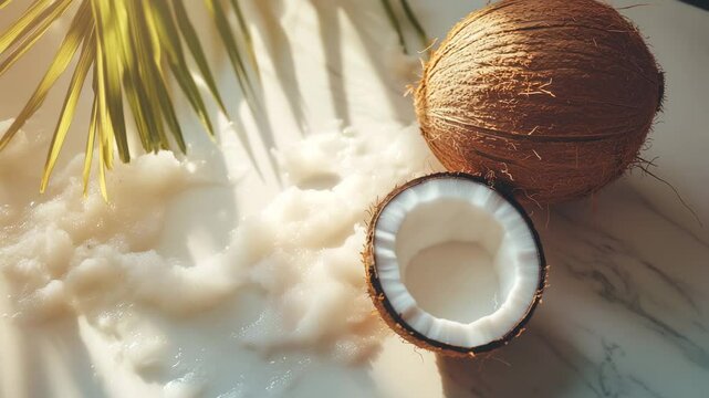 Whole and halved coconuts rest beside creamy coconut flesh on a marble surface, bathed in warm sunlight with tropical palm leaves casting soft shadows.