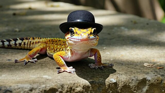 Leopard gecko with a bowler hat sitting on a rock, creating a whimsical and funny animal portrait in natural sunlight outdoors