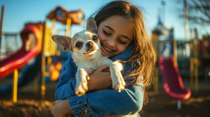 Close-up from below of a happy girl hugging her chihuahua with love in an urban playground setting