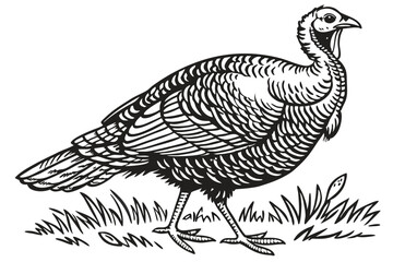 40 Black and white illustration, detailed turkey drawing, woodcut style, engraving technique, intricate feather texture, side profile, fanned tail feathers, vintage wildlife art, high contrast, fine l