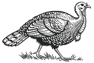 40 Black and white illustration, detailed turkey drawing, woodcut style, engraving technique, intricate feather texture, side profile, fanned tail feathers, vintage wildlife art, high contrast, fine l