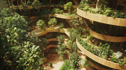 Lush green indoor garden with wood tiers, showcasing nature and architecture intertwined harmoniously