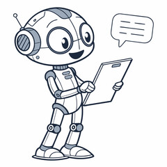 Cartoon Robot Reading A Tablet With Chat Bubble Communication Concept Illustration